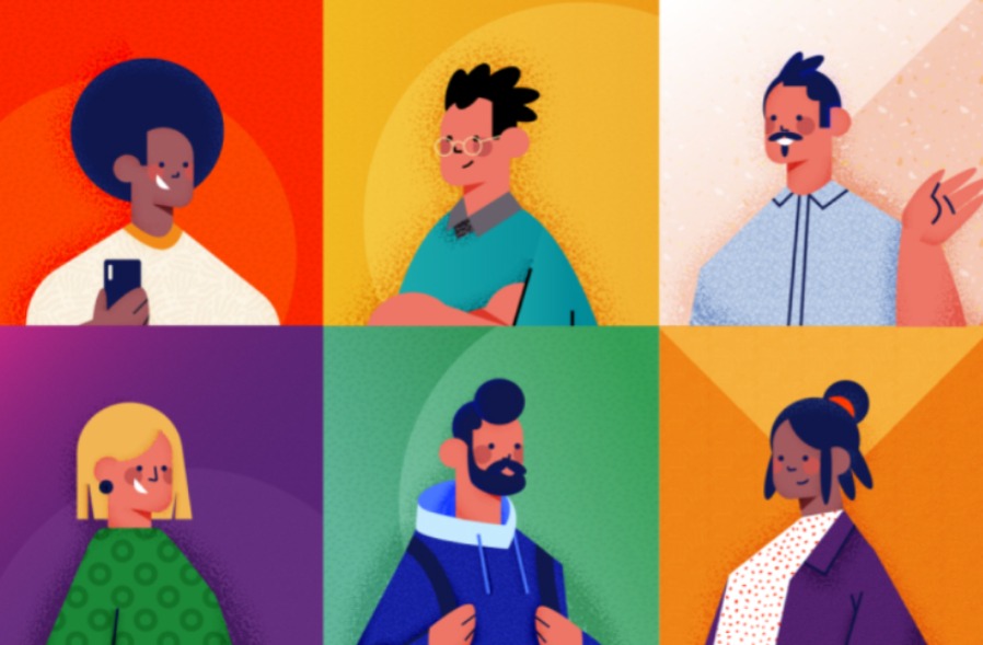 Ilustração com pessoas diversas. Colorida.
