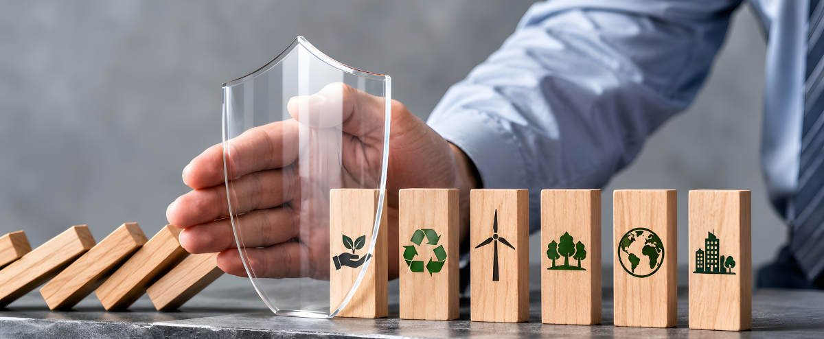 imagem de peças com ícones de sustentabilidade e um escudo de vidro ao lado