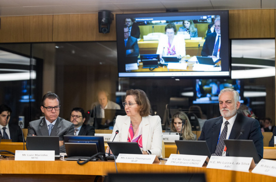 Sr. Luiz Marinho, MTE; Sra. Laura Thompson, OIT; e S.E. Sr. Tovar da Silva Nunes, Representante Permanente do Brasil junto ao Escritório das Nações Unidas em Genebra (UNOG). XII Reunião de Revisão BrasilOIT.png