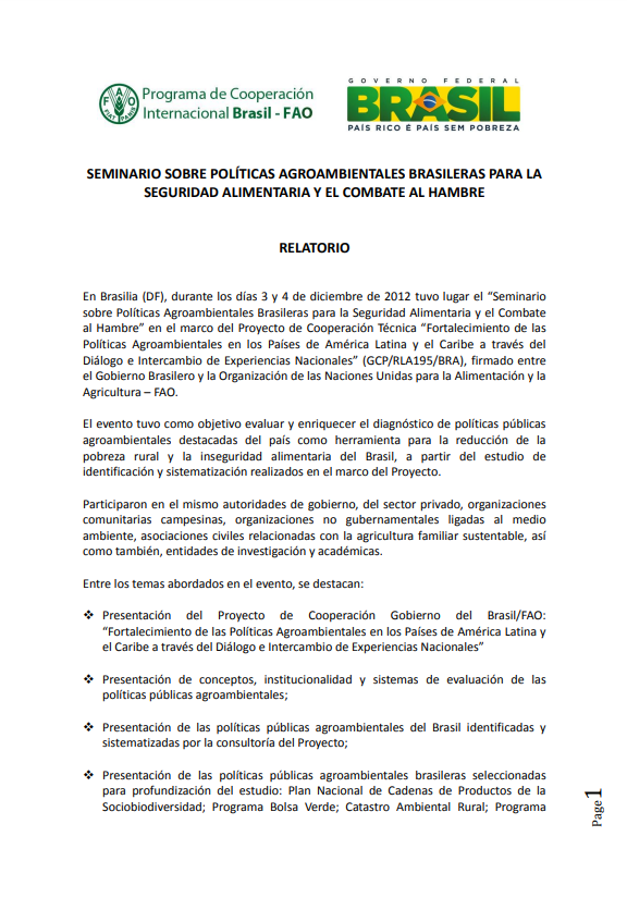 Informe final: Seminario sobre Políticas Agroambientales Brasileras para la Seguridad Alimentaria y el Combate al Hambre