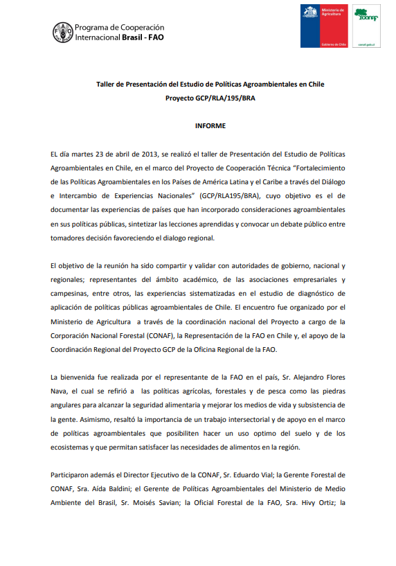Memoria del Taller de Presentación del Estudio de Políticas Agroambientales en Chile