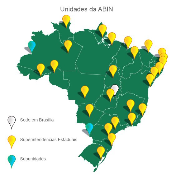 Mapa do Brasil com identificação da sede da ABIN, de suas Superintendências Estaduais e de suas Subunidades.