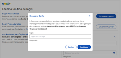Pupop informar login para troca de senha