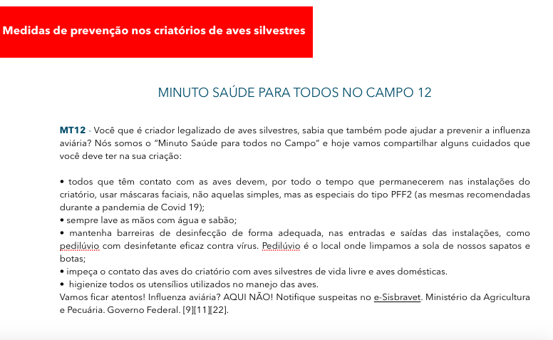 MT 12 - Medidas de prevencao nos criatorios de aves silvestres-II