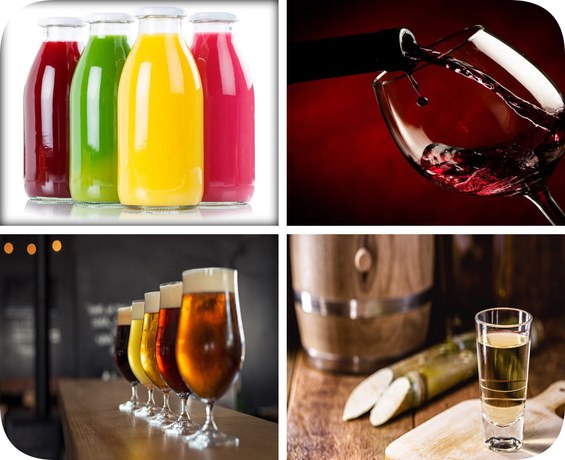 Foto contendo sucos, vinho, cerveja e cachaça