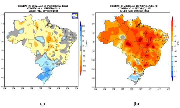 Previsão de anomalias (diferença entre o valor previsto e a média histórica) de (a) precipitação (chuva) e (b) temperatura média do ar do modelo climático do INMET para  outubro de 2023.