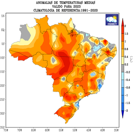 Desvio da temperatura média do ar em 2023, em °C. Período de referência: 1991 – 2020. Fonte: Inmet