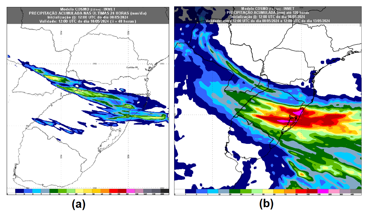 Figura 1: Precipitação (chuva), em milímetros (mm), acumulada em (a) 24h de quarta-feira (8) às 9h da quinta-feira (9), pelo modelo Cosmo 2,8 km e (b) 120h até 9h de 13 de maio pelo modelo Cosmo 7 km.