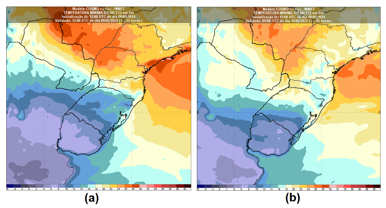 Figura 2: Temperaturas mínimas (em °C ) previstas pelo modelo Cosmo-Inmet 7Km para quinta-feira (9) e sexta-feira (10).