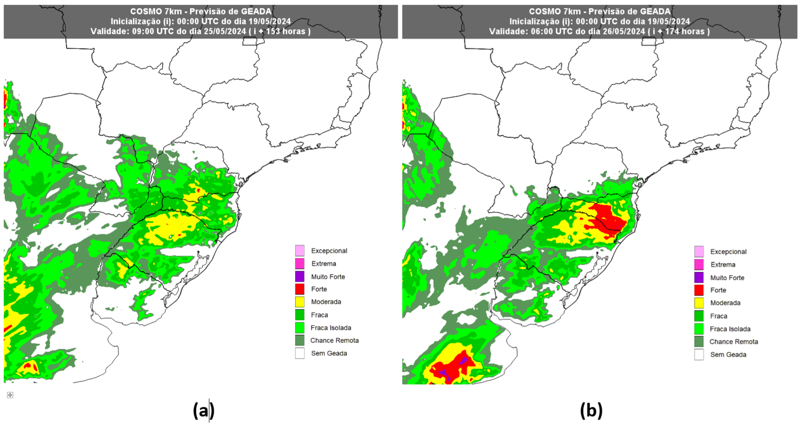 Figura 1: Previsão de geada (adaptado do modelo Cosmo) para o sábado (25) e o domingo (26). Sombreados com as respectivas cores na legenda indicam a intensidade da geada, verde (fraca), amarelo (moderado), vermelho (forte).