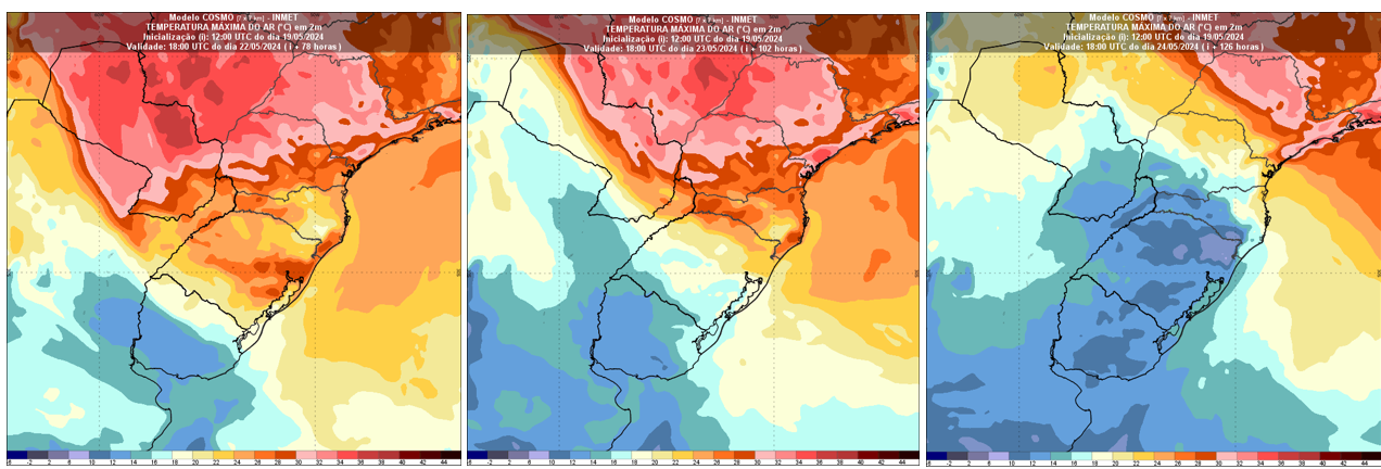 Figura 2: Temperaturas máximas (em °C) previstas pelo modelo Cosmo para quarta-feira (22), quinta-feira (23) e sexta-feira (24).
