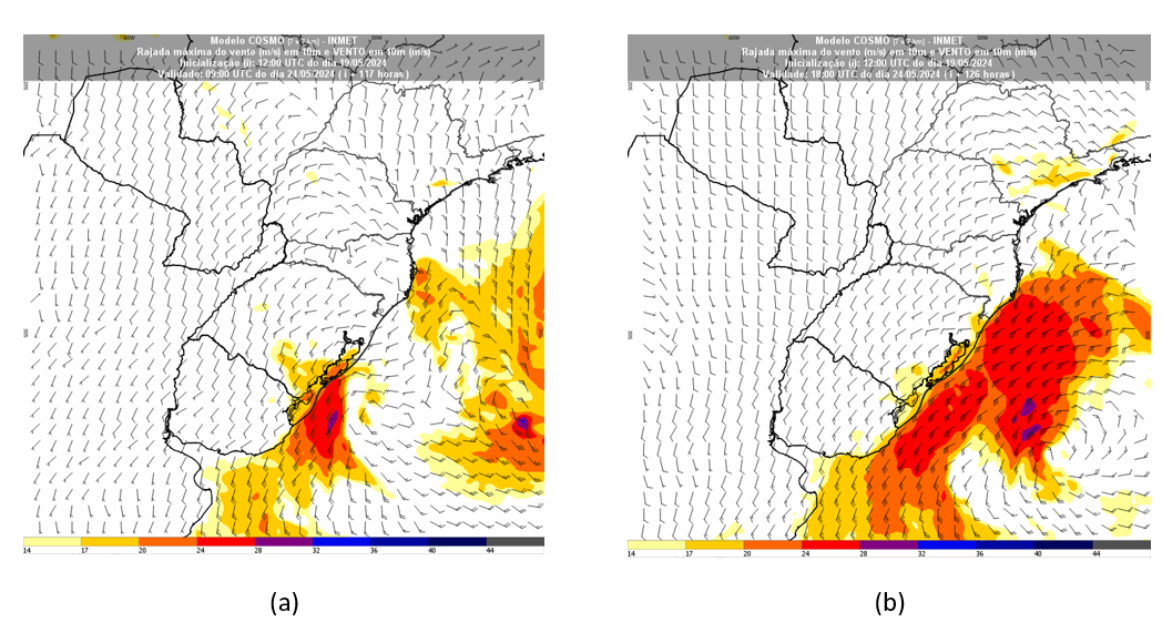 Figura 3: Rajadas de vento previstas pelo modelo Cosmo na sexta-feira (24), às 06h (a) e às 15h (b) – horário de Brasília.