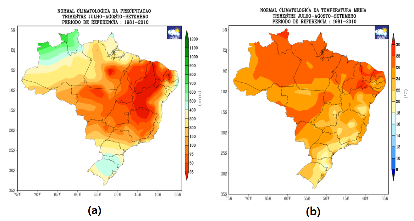 Figura 1: Climatologia para o trimestre julho, agosto e setembro de: (a) precipitação (chuva) e (b) temperatura média do ar. Período de referência: 1981 – 2010. Fonte: INMET.