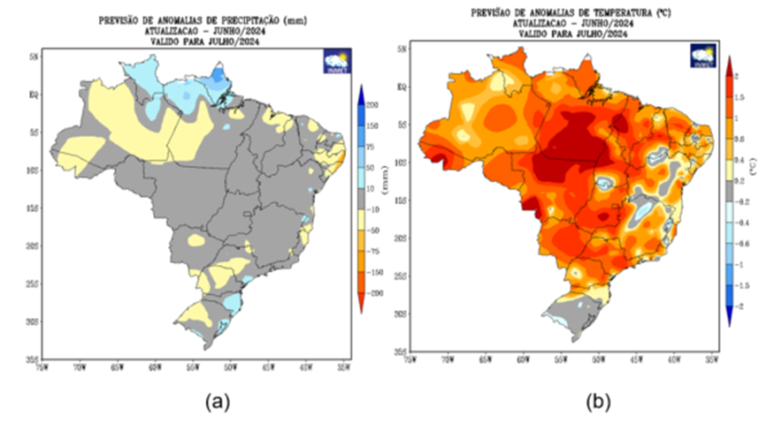 Previsão de anomalias de (a) precipitação e (b) temperatura média do ar do modelo climático do INMET, para o mês de julho de 2024.