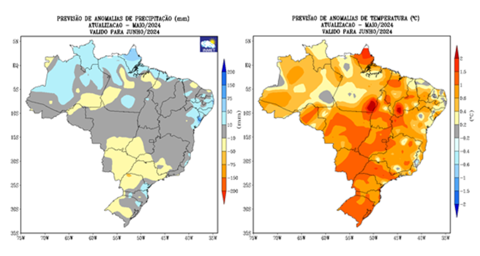 Figura 1: Previsão de anomalias de (a) precipitação e (b) temperatura média do ar do modelo climático do INMET, para o mês de junho de 2024.