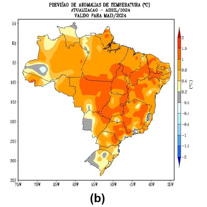 Temperatura média do ar do modelo climático do INMET, para o mês de maio de 2024.