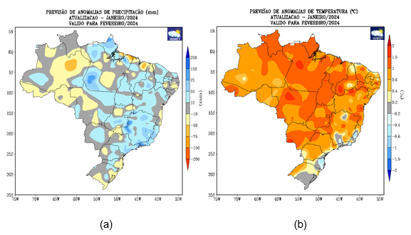 Figura 1: Previsão de anomalias de (a) precipitação e (b) temperatura média do ar do modelo climático do Inmet para o mês de fevereiro de 2024.