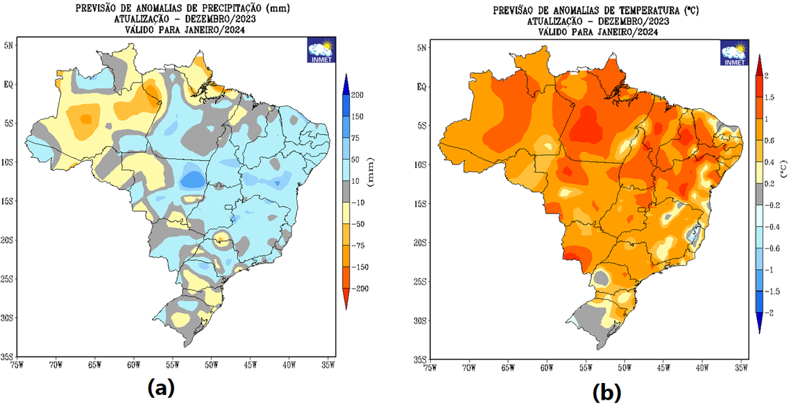 Figura 1: Previsão de anomalias de - (a) precipitação (chuva)  e (b) temperatura média do ar do modelo climático do INMET, para o mês de janeiro de 2024.