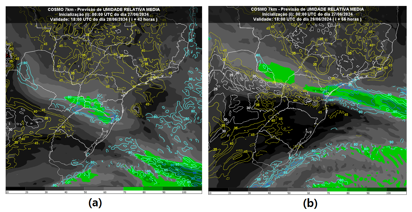 Figura 2: Evolução da umidade prevista pelo modelo Cosmo – Inmet (sombreados verdes e linhas azuis): (a) às 15h da sexta-feira (28) e (b) às 15h do sábado (29).