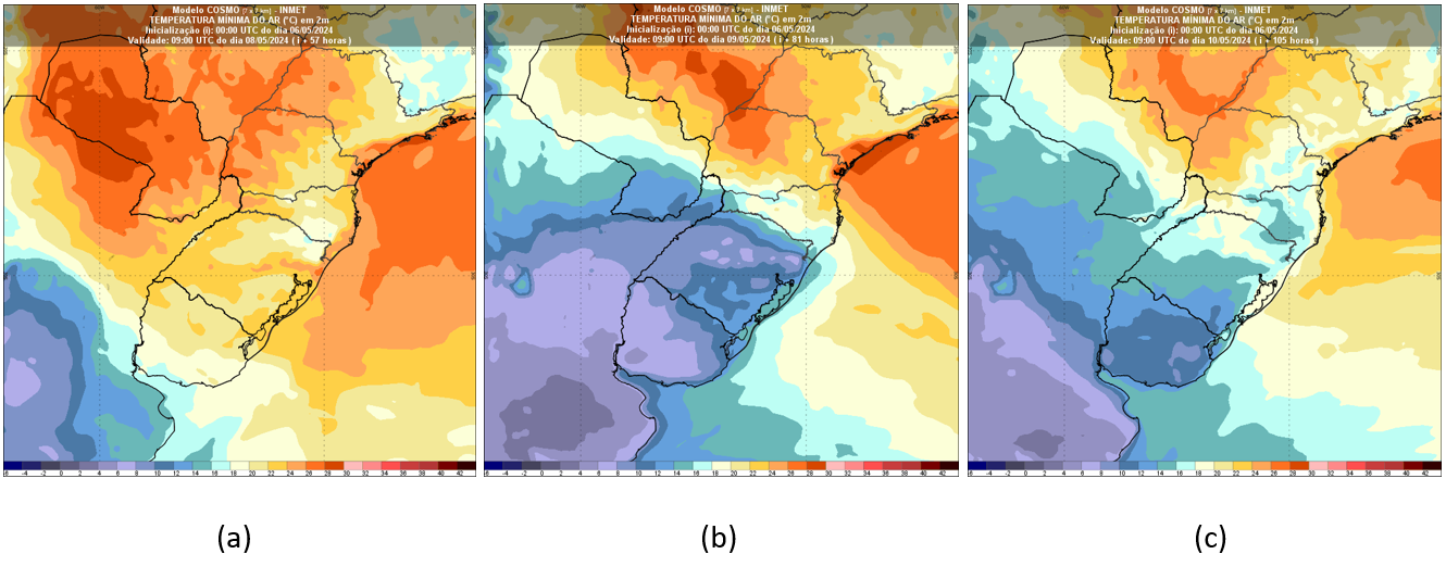 Figura 3: Temperaturas mínimas (em °C ) previstas pelo modelo Cosmo 7Km para (a) quarta-feira (8), (b) quinta-feira (9) e (c) sexta-feira (10).