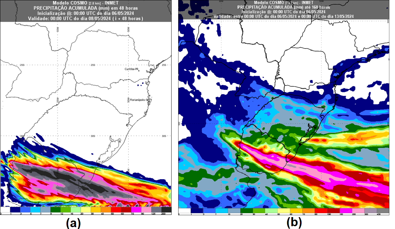 Figura 1: Precipitação (chuva), em milímetros (mm), acumulada em (a) 48h até as 9h de quarta-feira (8) pelo modelo Cosmo 2,8 km e (b) 168h até 9h de domingo (12) pelo modelo Cosmo 7 km.