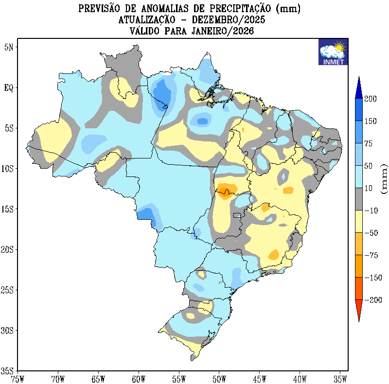 Figura 1: Previsão de anomalias de precipitação do modelo climático do INMET, para o mês de janeiro de 2026.