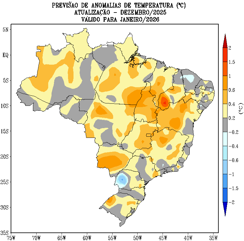 Figura 2: Previsão de anomalias de temperatura média do ar do modelo climático do INMET, para o mês de janeiro de 2026.