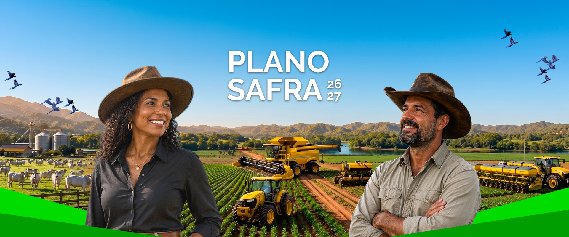 Imagem de campo com três trabalhadores em primeiro plano, e os dizeres "Plano Safra 2025 - 2026"