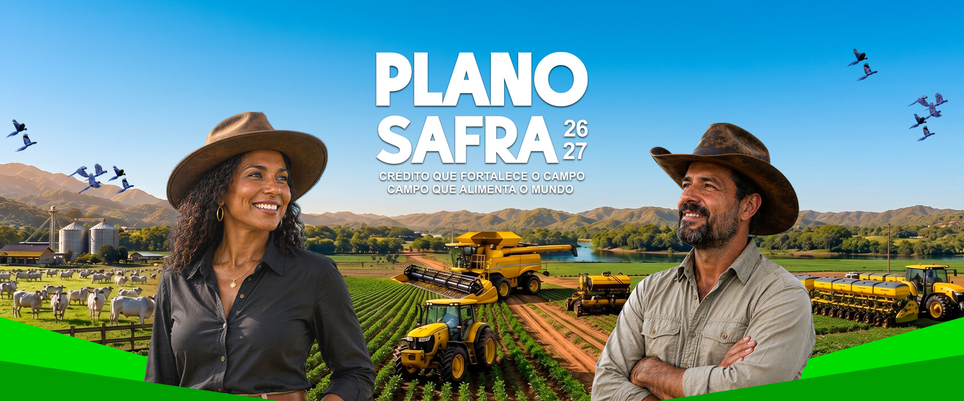 Imagem de campo com três trabalhadores em primeiro plano, e os dizeres "Plano Safra 2025 - 2026"