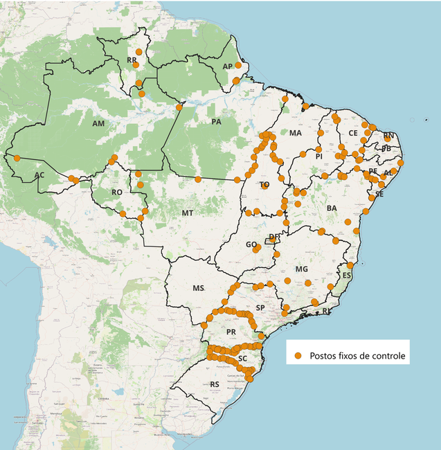 Pontos de controle de vigilância agropecuária em operação no Brasil.