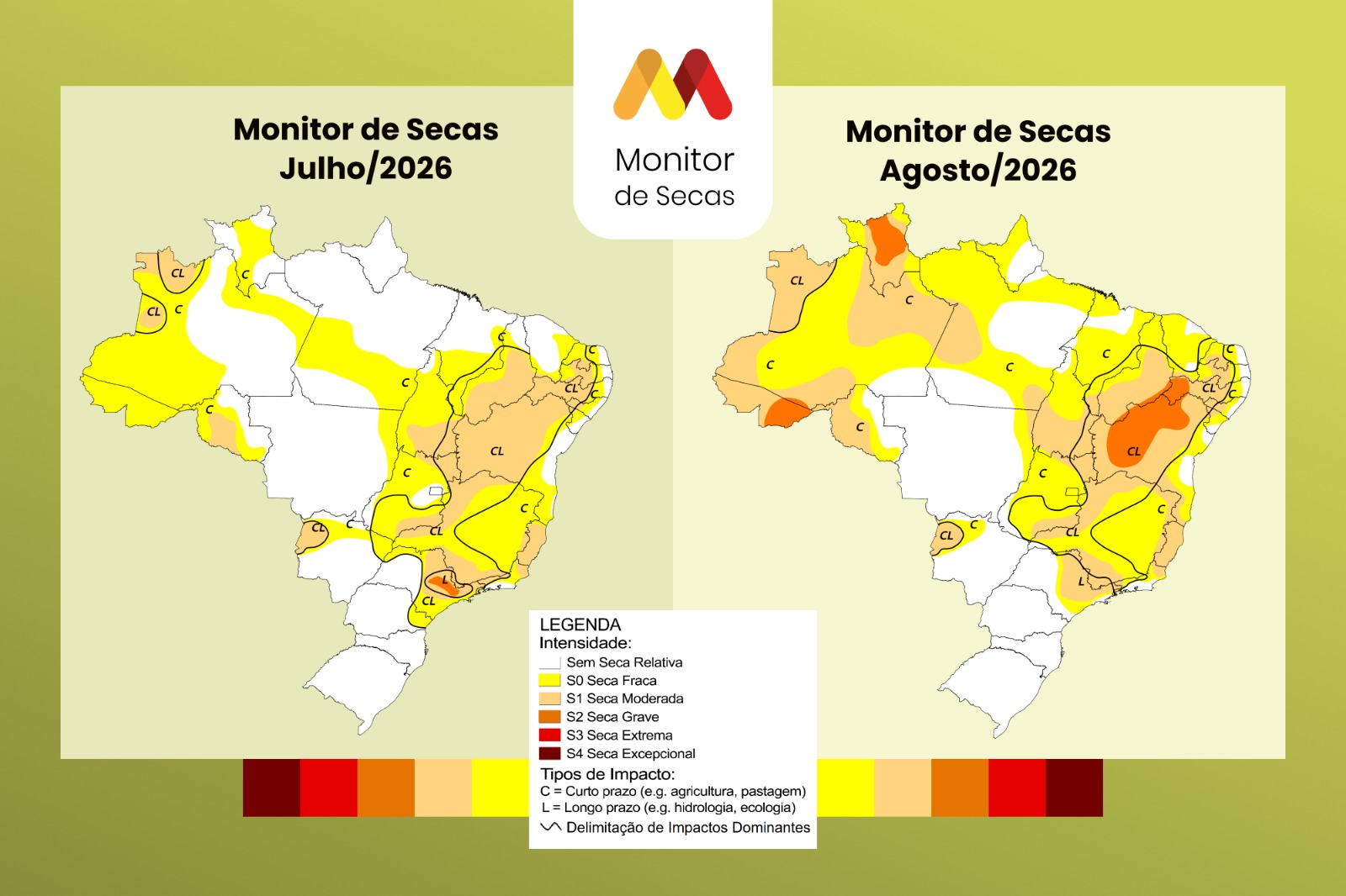 Seca se intensifica no Nordeste, Centro-Oeste e Norte. Fenômeno se abranda no Sudeste e Sul segundo atualização do Monitor de Secas