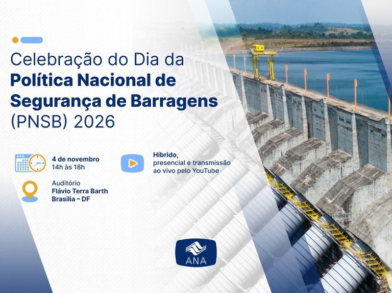 Encontro dos órgãos fiscalizadores

As atividades terão continuidade nos dias 5 e 6 de novembro, com a realização do 2º Encontro de 2026 dos Órgãos Fiscalizadores de Segurança de Barragens. A iniciativa busca fortalecer a articulação entre os órgãos federais e estaduais, promover o intercâmbio de informações e compartilhar experiências sobre a implementação dos instrumentos da PNSB.

Entre os assuntos previstos para discussão estão o cadastro e a classificação de barragens, as metodologias para determinação de manchas de inundação, as atividades de fiscalização, a educação e capacitação em segurança de barragens, as mudanças climáticas e as alterações normativas.

A realização do encontro está relacionada às atribuições da ANA previstas na Lei nº 12.334/2010, que incluem promover a articulação entre os órgãos fiscalizadores, organizar e gerir o Sistema Nacional de Informações sobre Segurança de Barragens (SNISB) e coordenar a elaboração do Relatório de Segurança de Barragens (RSB).

Serviço

Evento: Celebração do Dia da Política Nacional de Segurança de Barragens (PNSB)

Data: 4 de novembro de 2026

Horário: 14h às 18h

Local: Auditório Flávio Terra Barth, sede da ANA, em Brasília (DF)

Inscrições: Acesse o formulário de inscrição