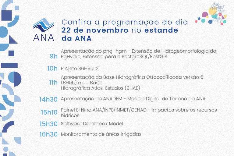 Programação de 22 de novembro do estande da ANA no 25º SBRH