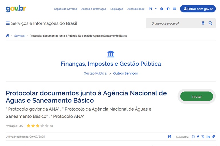 Tela do Protocolo GOV.BR para envio de documentos eletrônicos para a ANA