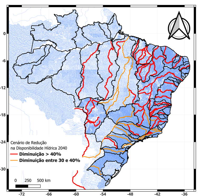 Mapa sobre cenário de redução na disponibilidade hídrica até 2040