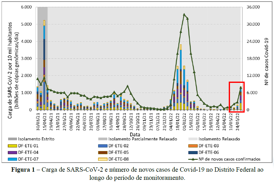 Carga da SARS-CoV-2 e número de novos casos de COVID-19 no Distrito Federal ao longo do período de monitoramento
