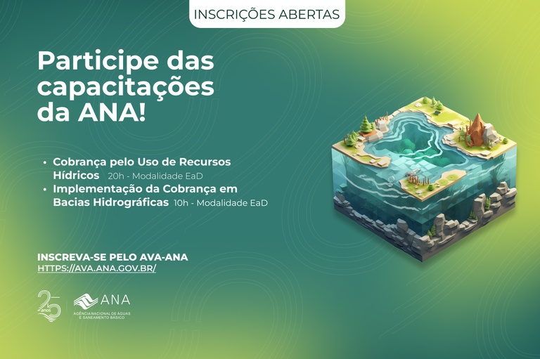 Informações sobre os cursos Cobrança pelo Uso de Recursos Hídricos – Noções Gerais e Orientações Gerais para a Implementação da Cobrança pelo Uso de Recursos Hídricos em Bacias Hidrográficas
