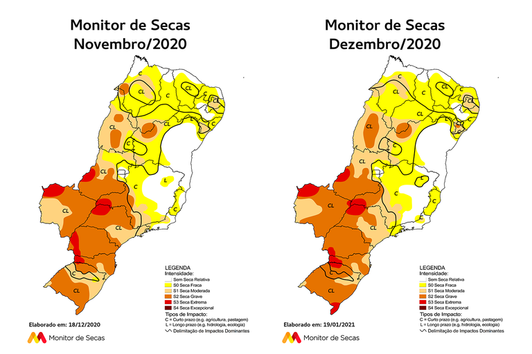 Mapas do Monitor de Secas de novembro e dezembro de 2020