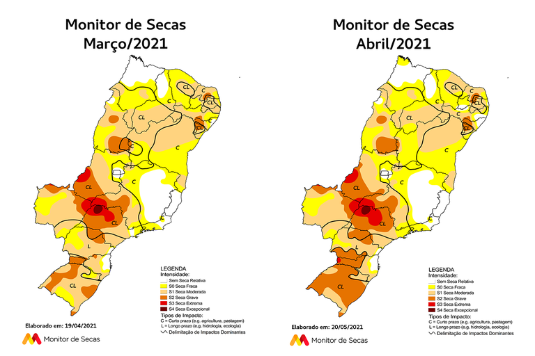 Mapas do Monitor de Secas de março e abril de 2021