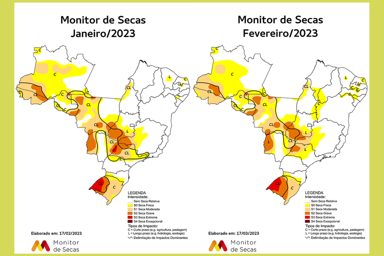Mapas do Monitor de Secas de janeiro e fevereiro de 2023