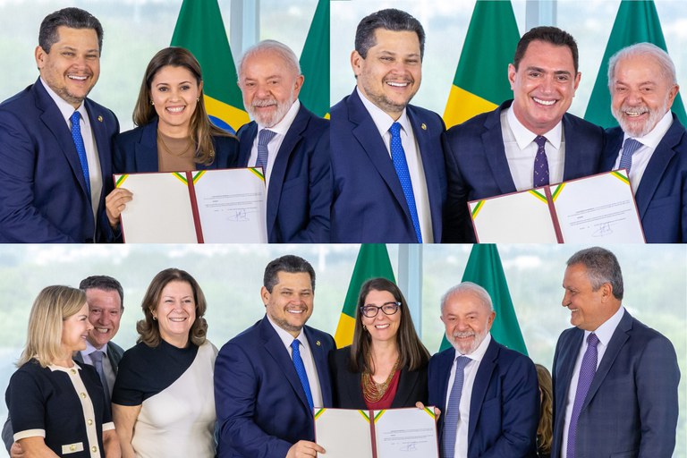 Larissa Oliveira Rêgo (à esq.), Leonardo Góes Silva (à dir,) e Cristiane Collet Battiston (abaixo) com os termos de nomeação ao lado do presidente do presidente da República, Luiz Inácio Lula da Silva, e do presidente do Senado Federal, Davi Alcolumbre, em solenidade no Palácio do Planalto