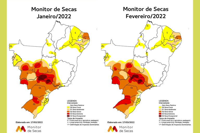 Mapas do Monitor de Secas de janeiro e fevereiro de 2022