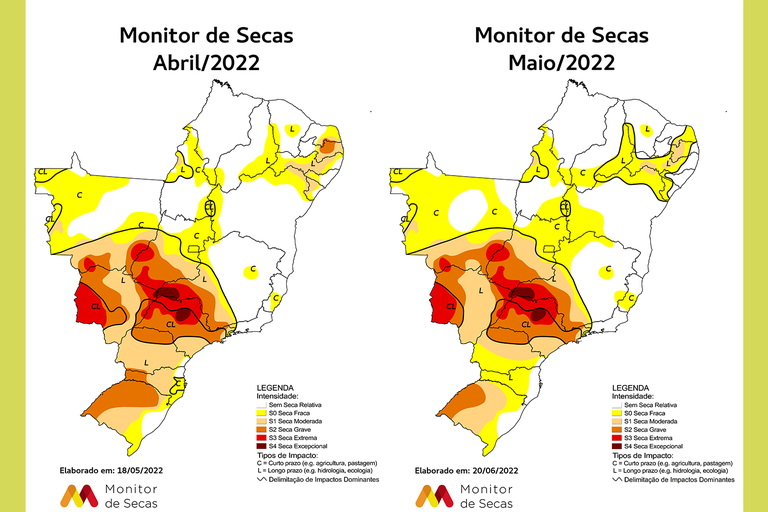 Mapas do Monitor de Secas de abril e maio de 2022
