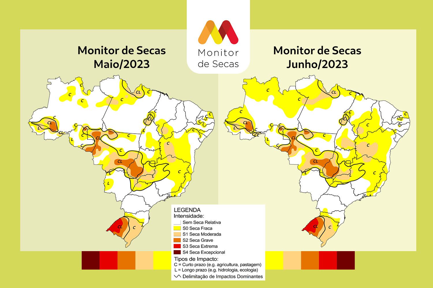 Mapas do Monitor de Secas de maio e junho de 2023