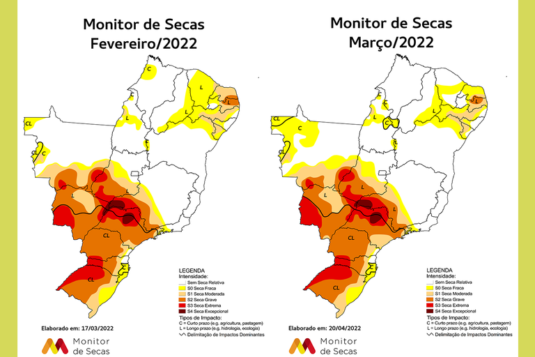 Mapas do Monitor de Secas de fevereiro e março de 2022