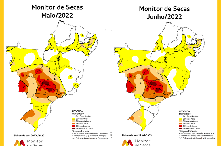 Mapas do Monitor de Secas de maio e junho de 2022