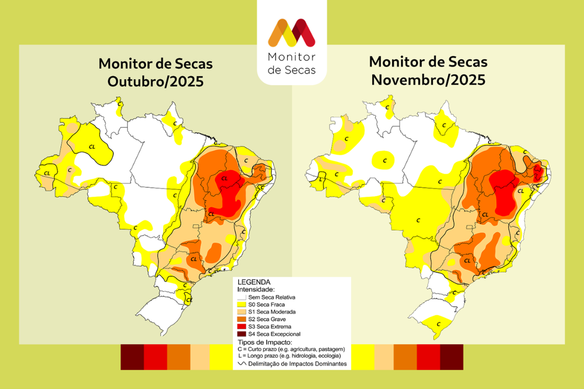 Área com o fenômeno aumentou no Centro-Oeste, Sudeste e Sul. No Nordeste e Norte o percentual de área com seca não variou entre outubro e novembro. Fenômeno avança de 59% para 68% do território do Brasil.