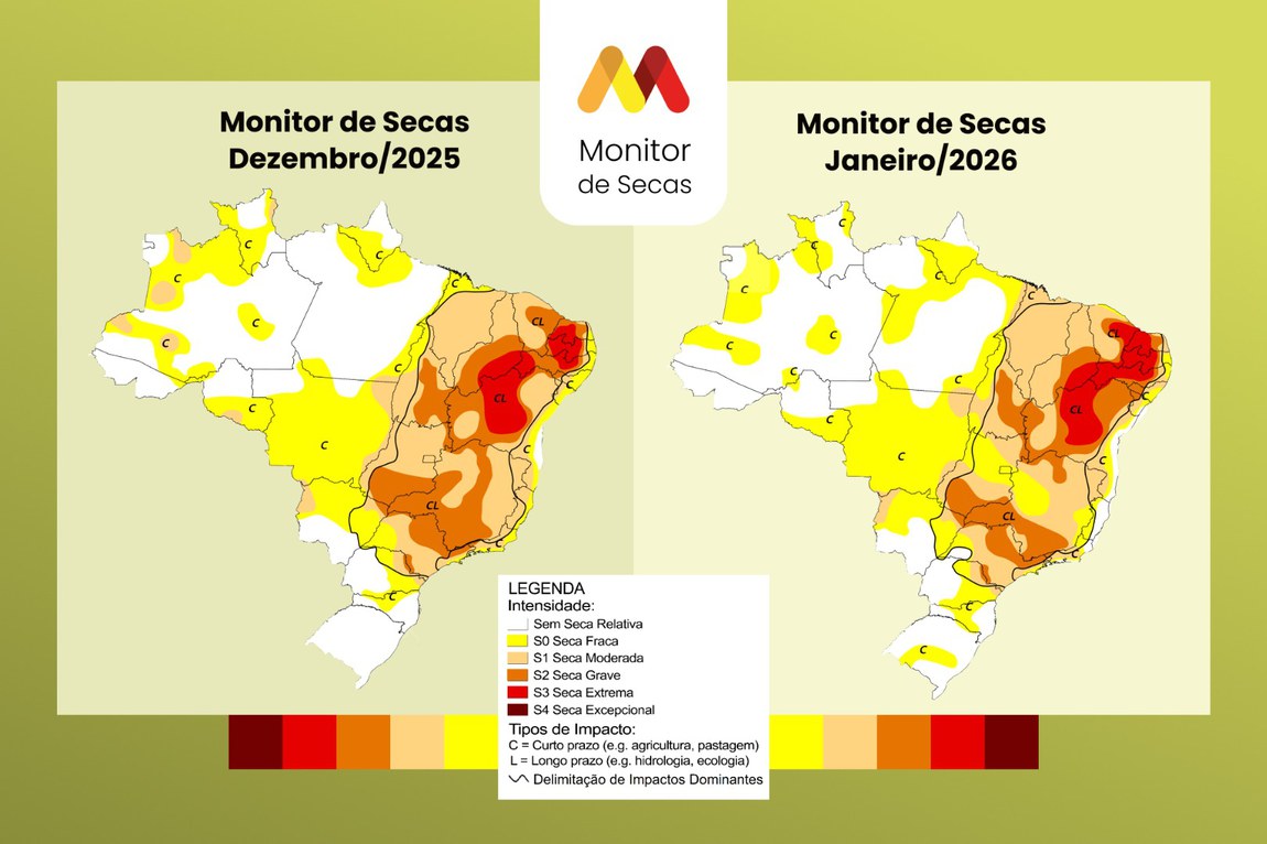 Área impactada pela seca aumenta no Sul, fica estável no Norte e Nordeste e diminui no Centro-Oeste e Sudeste. Brasil segue com o fenômeno em 63% de seu território.