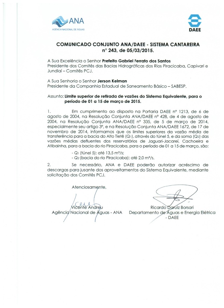 Comunicado Conjunto ANA-DAEE 243, de 05/03/2015