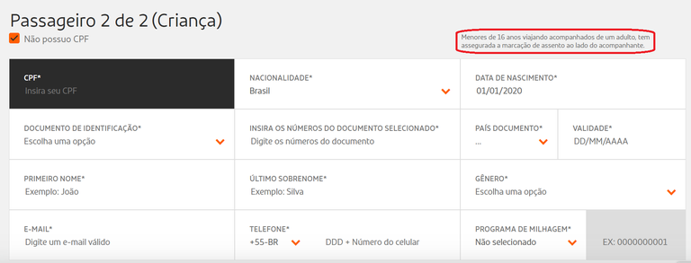 *Em simulação de compra de bilhete de passageiro menor de 16 anos, site da empresa Gol disponibiliza automaticamente na página de compras, no canto superior direito, a mensagem “Menores de 16 anos viajando acompanhados de um adulto têm assegurada a marcação de assento ao lado do acompanhante.” 